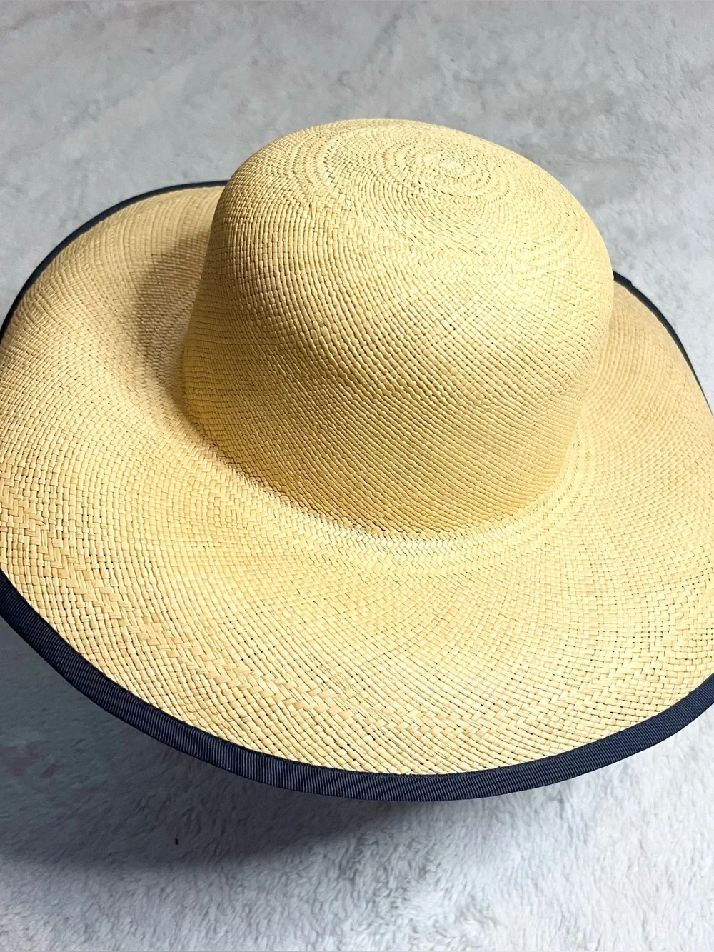 Vintage Charter Club Yellow Straw Sun Hat with Navy Blue Edge and Under Side